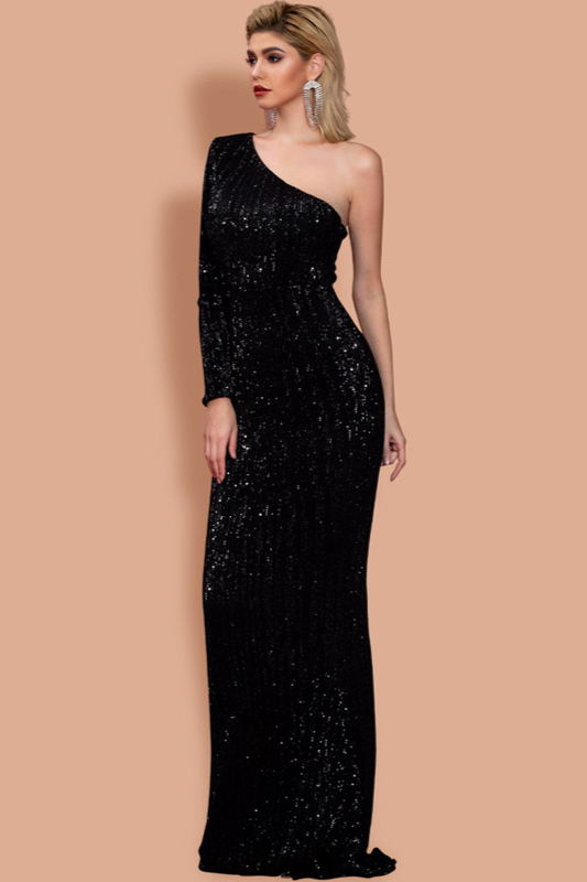 One Shoulder Long Sleeve Sequins Prom Dress Mermaid Long Evening Gowns On Sale - lulusllly