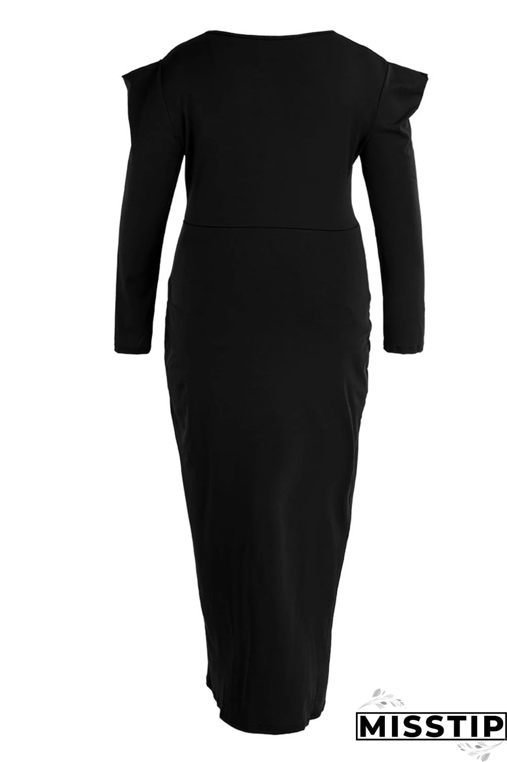 Black Casual Solid Patchwork Fold Asymmetrical V Neck Princess Plus Size Dresses