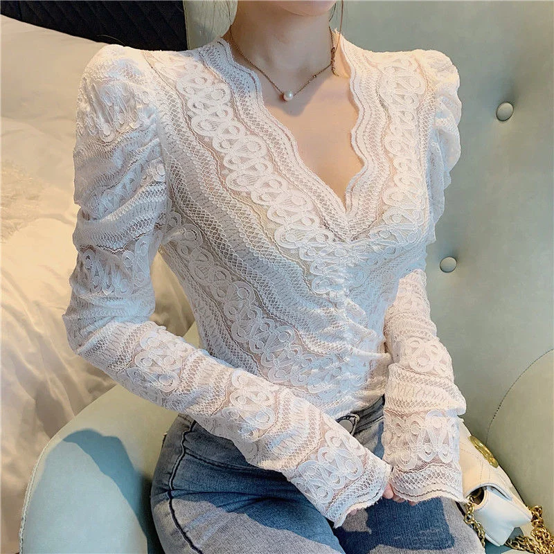 Wongn Women Lace Temperament Autumn Female Slim Fit Solid Color Long Sleeve Tops Fashion Elegant Design Vintage Girlish Chic