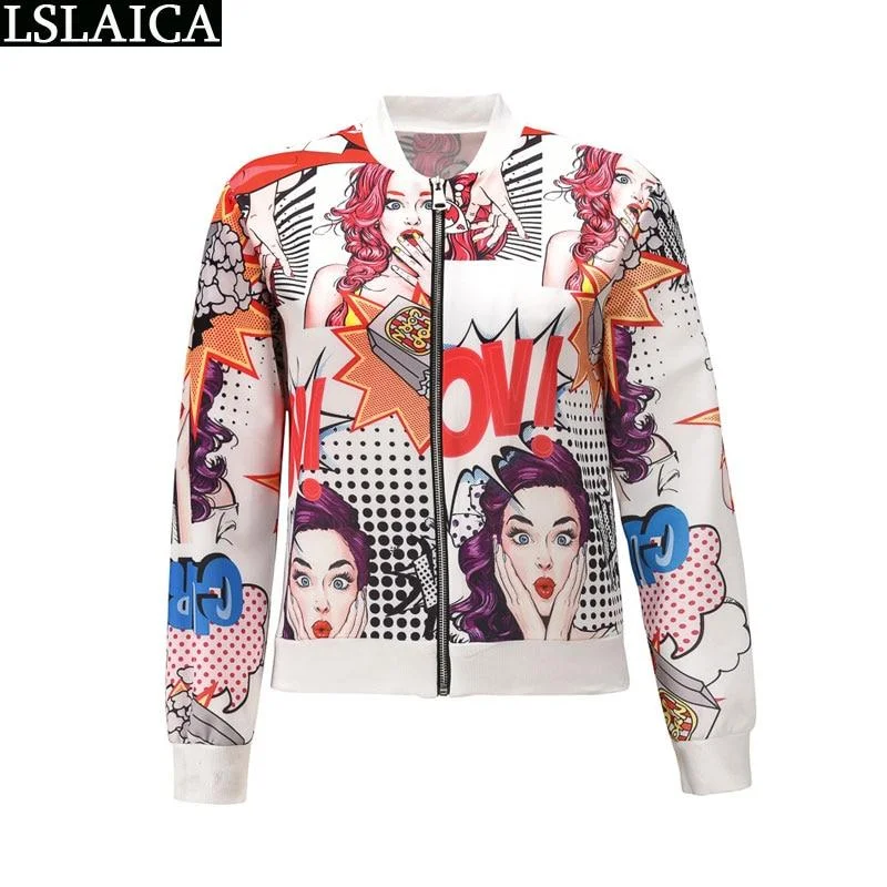 Fashion  Jacket Women Long Sleeve O Neck Print Zipper Outerwear Autumn Winter Ladies Coat High Street New Plus Size Slim