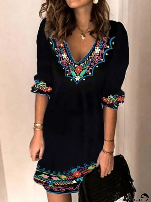 Casual Dress Ethnic Dress Shift Dress Mini Dress Black Long Sleeve Floral Print Summer Spring V Neck Fashion Winter Dress Vacation Fall Dress S M L XL XXL 3XL for Women