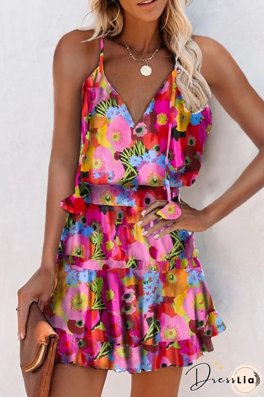 Fashion Street Floral Frenulum V Neck A Line Dresses(5 Colors)