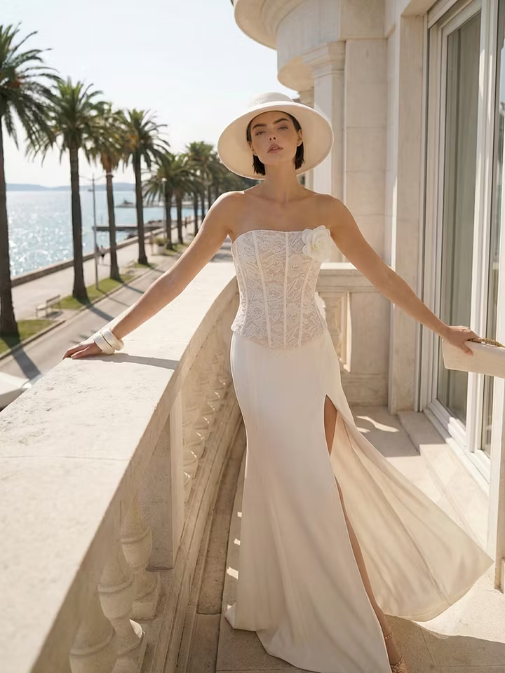 Lussooy Graceful White Across Lace Straight Handmade Flower Split Evening Dress
