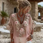 Women's Pink Roses Embroidered Art V-neck Short Sleeve T-shirt - Image 2