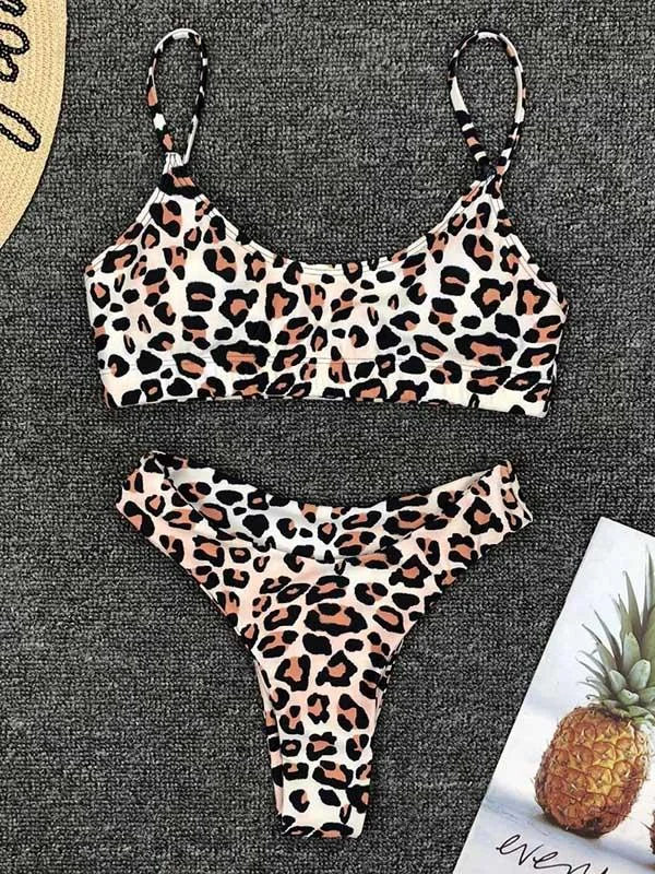 Leopard Plunge Neck Top With Panty Bikini Set