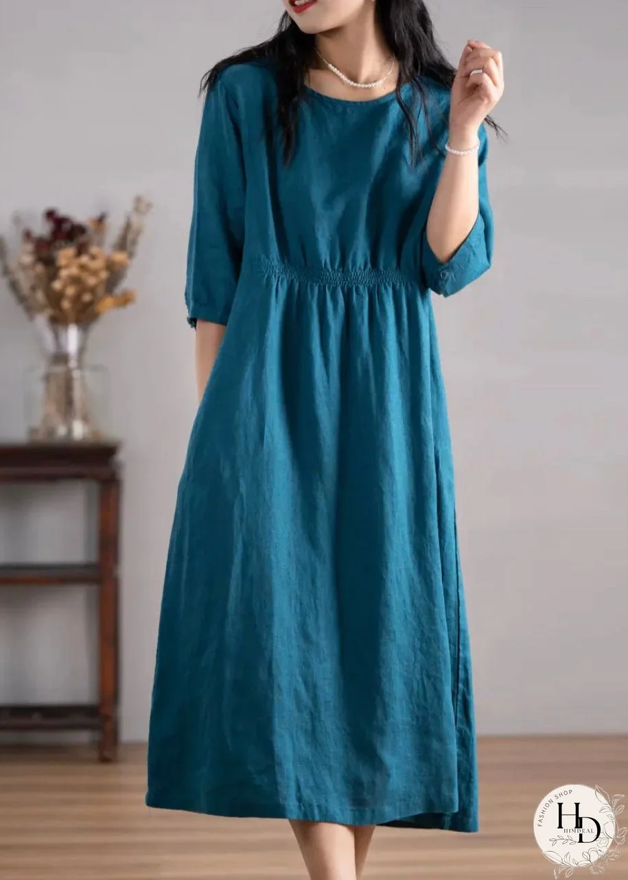 Women Blue O Neck Pockets Wrinkled Linen Dresses Summer