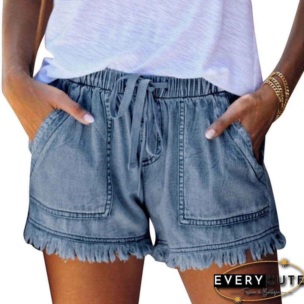 Ladies Elastic Waist Casual High Waist Slim Thin Denim Shorts Hot Pants