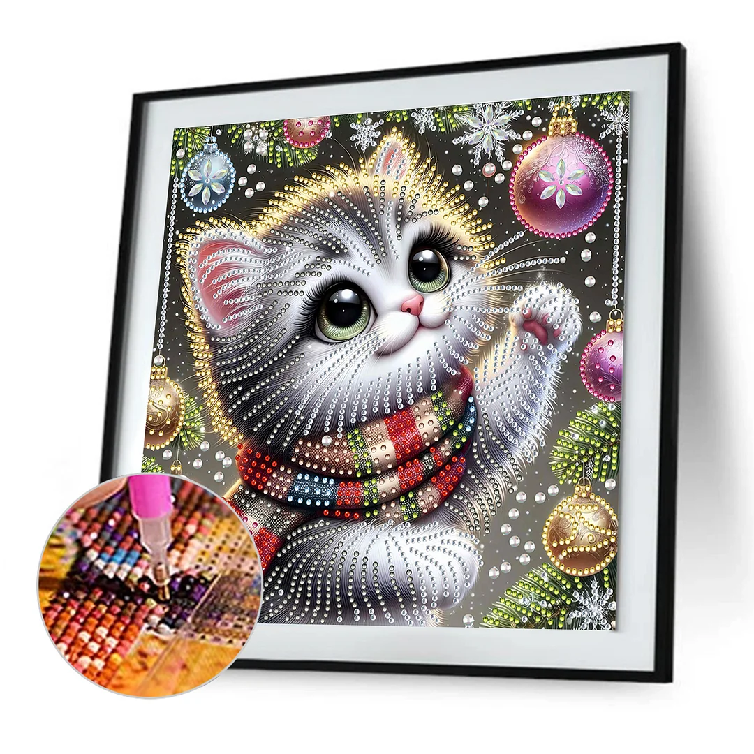 Christmas Cat - Diamond Painting - Partial Special Shaped Drill(Canvas|30*30cm)