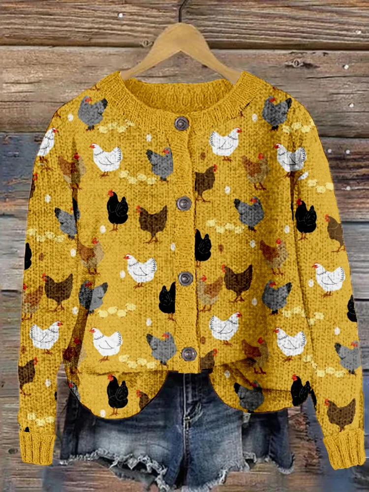 VChics Hens and Chicks Graphic Vintage Cozy Knit Cardigan