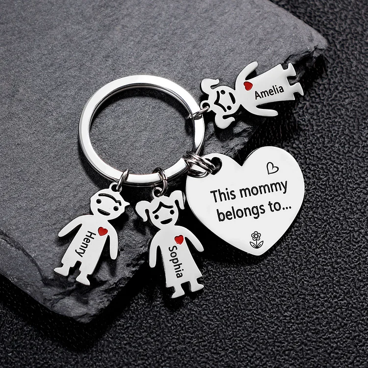 Personalized Heart Keychain with 3 Kid Charms Mother's Day Gift "This Mommy Belongs to"