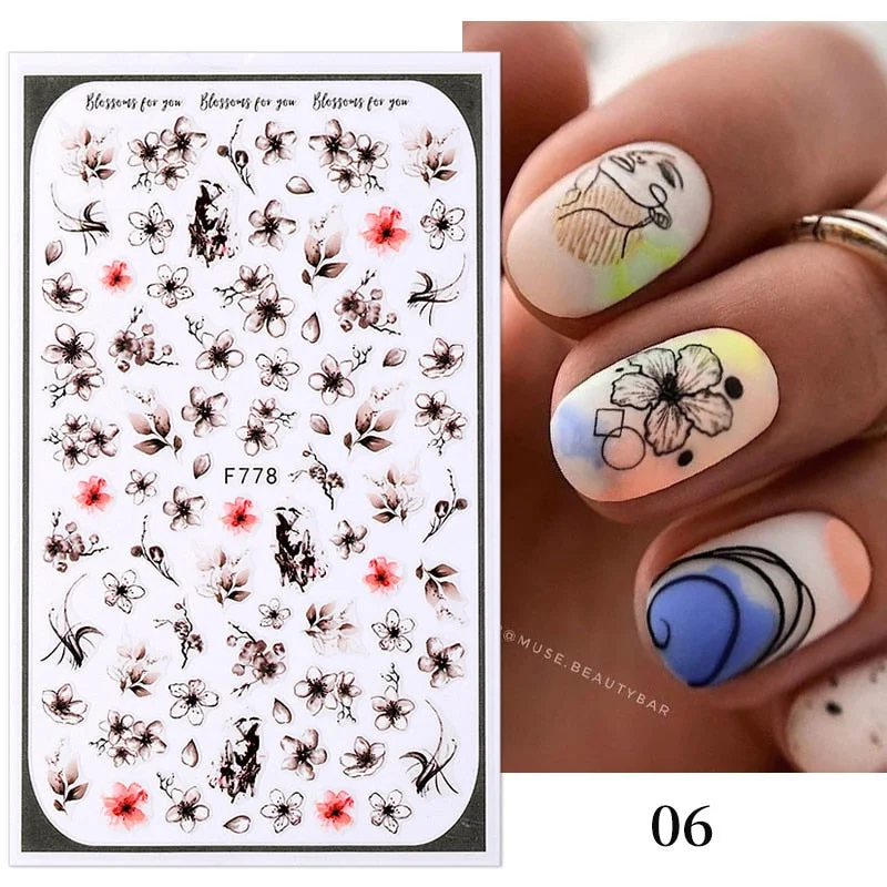 1PC 3D Nail Stickers Flowers Leaves Self-Adhesive Slider Letters Nail Art Decorations Love Heart Decals Manicure Accessories-Nail Inspo
