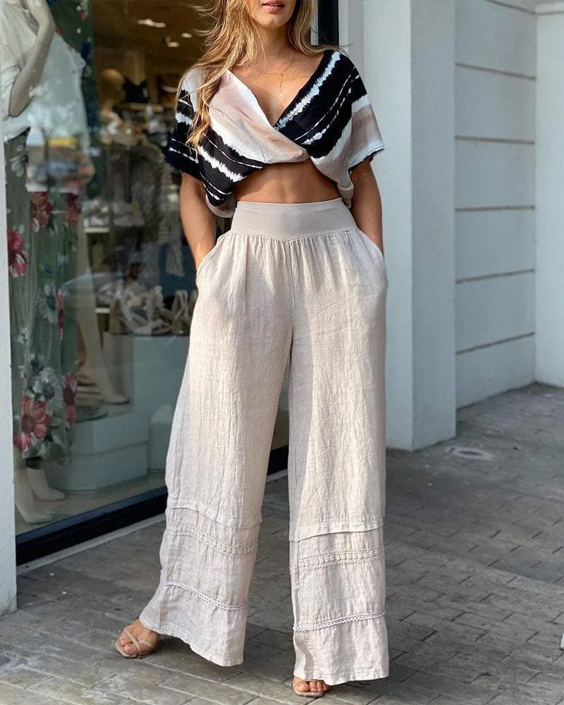 CASUAL V-NECK CROPPED TOP & PANTS SET