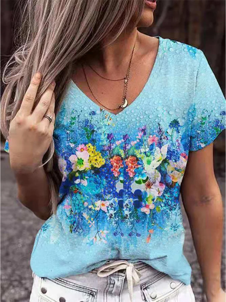 Floral Art Print V Neck T Shirt