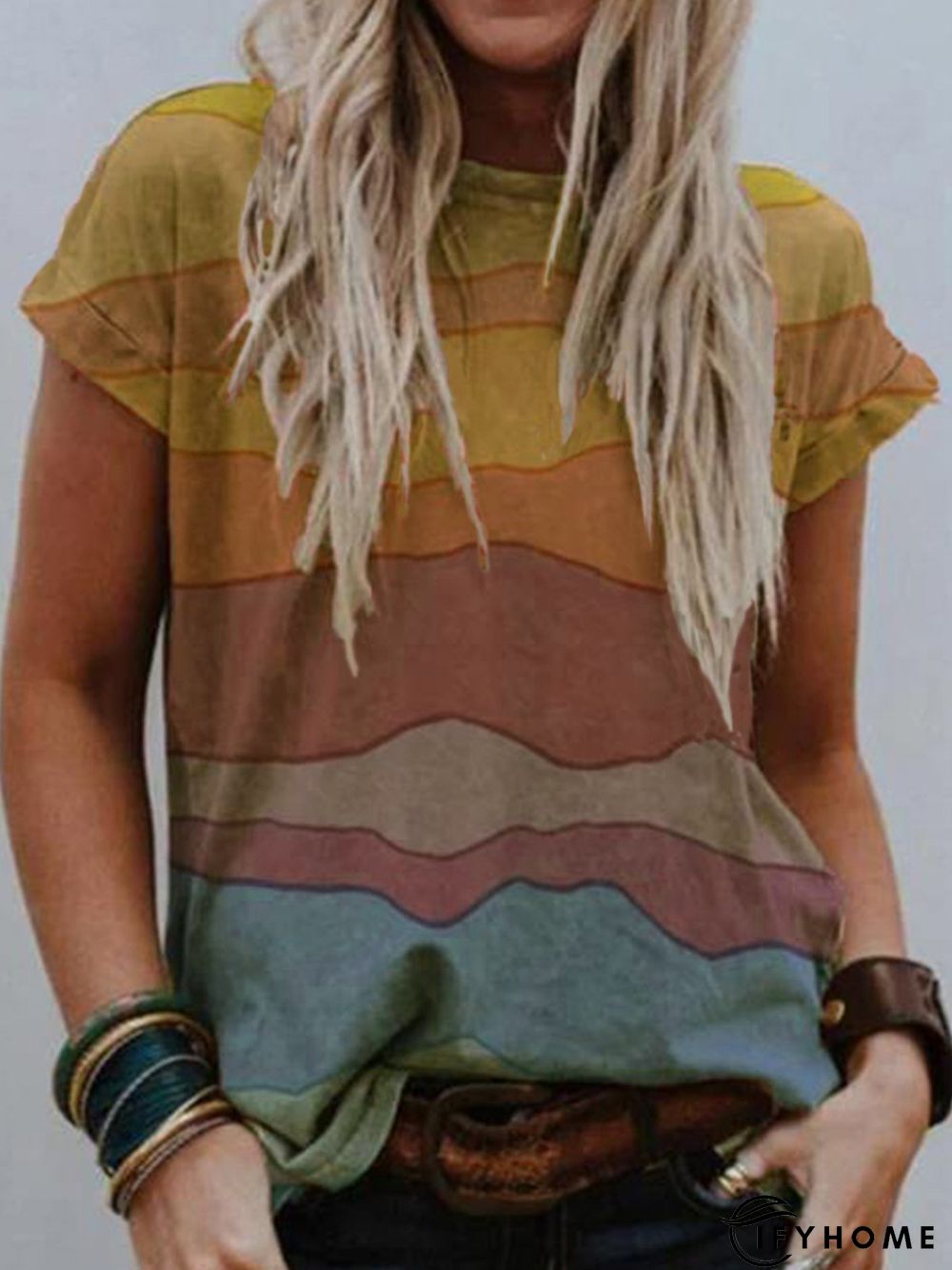 Multicolor Short Sleeve Round Neck Casual Tops | IFYHOME