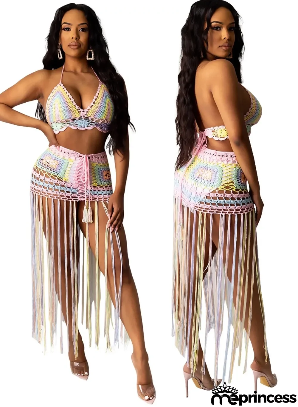 Sexy Multi Color Seaside Halter Bra and Tassels Skirt Set