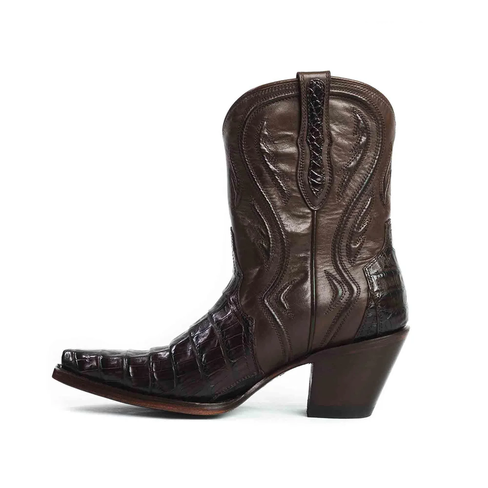 Brown Chunky Heel Croc Embossed Stitch Western Boots for Women