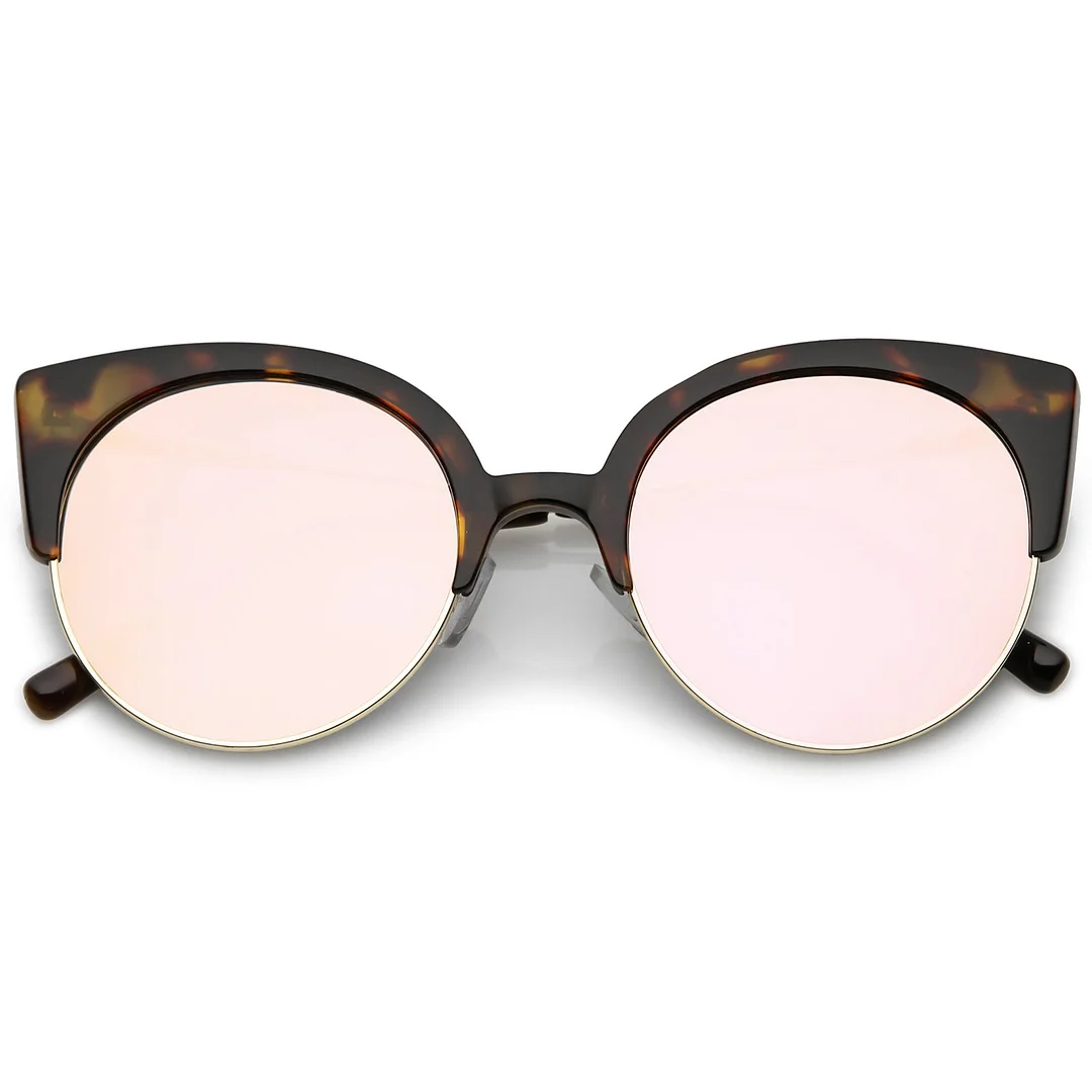 Women's Half Frame Cat Eye glasses Ultra Slim Arms Mirrored Round Flat Lens 53mm