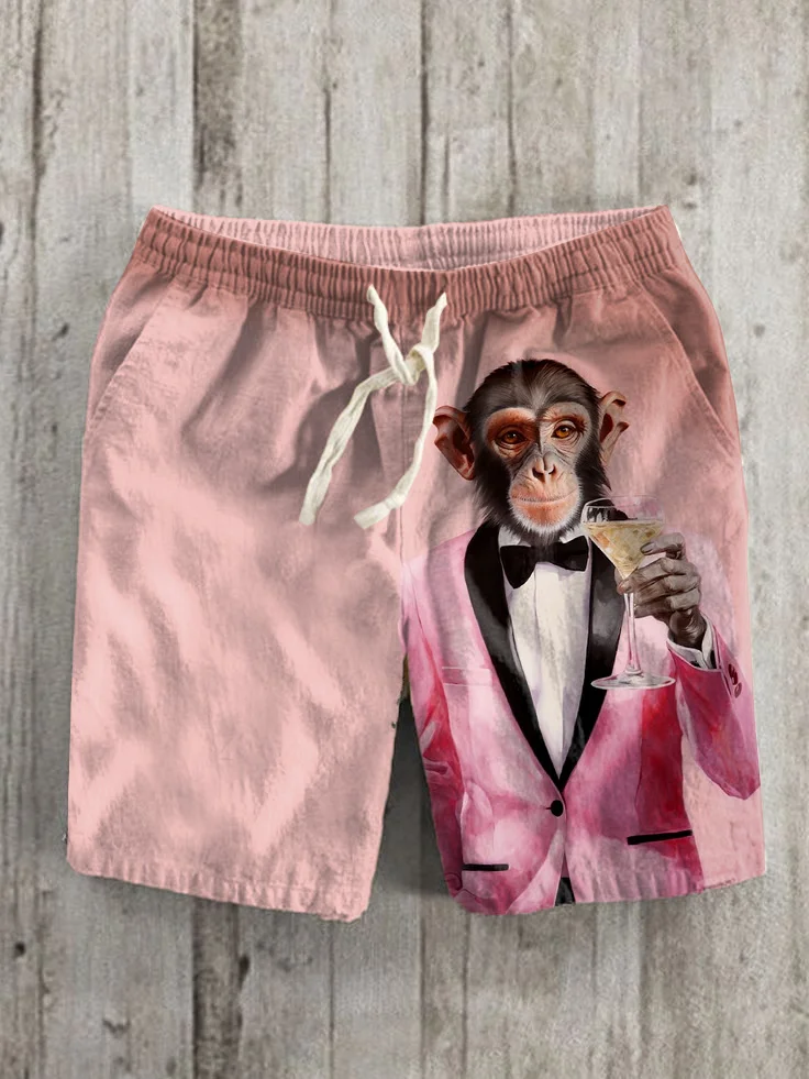 Men's Fun Monkey Gentleman Drinks Cocktail Art Print Shorts