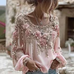Women's Pink Rose Embroidery Art Round Neck Long Sleeve Linen Blend T-shirt - Image 3