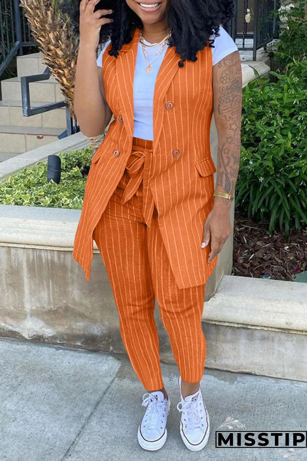 Grass Green Casual Striped Patchwork Turndown Collar Sleeveless Two Pieces