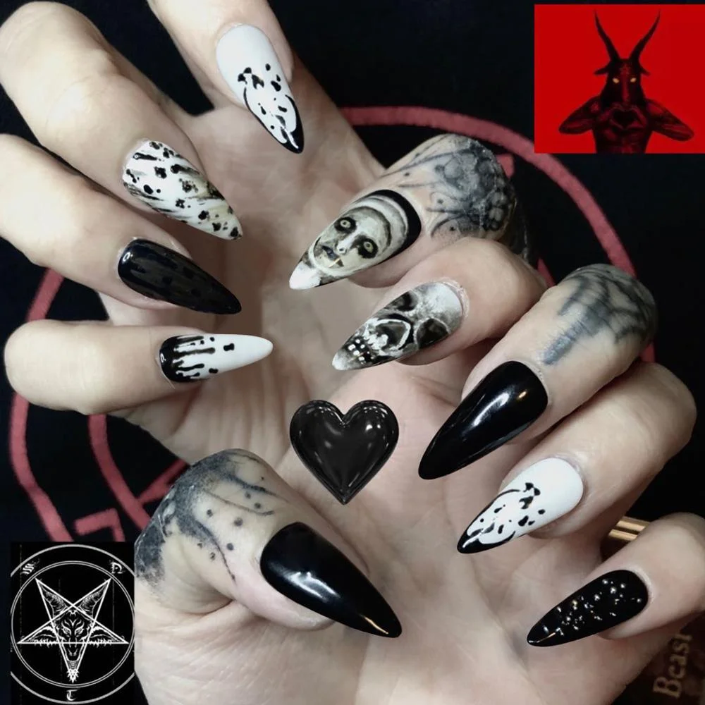 24pc/Box press on nails halloween Dark black Punk Ghost head tip nail pre design acrylic nail tip Full Cover Fake Nail 211
