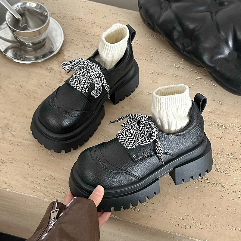 British style single shoes for women, 2025 spring new style, fashion, small height, thick heel, casual leather shoes