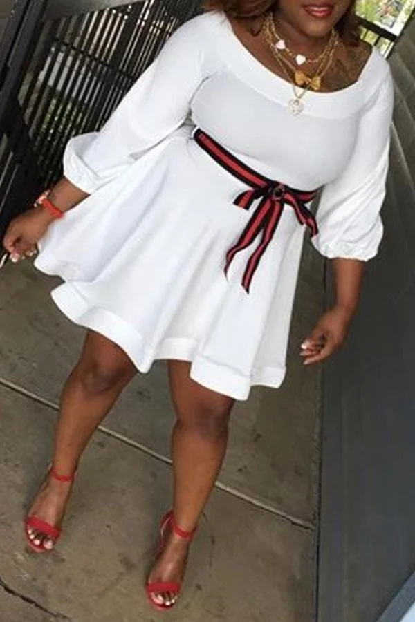 Casual Dew Shoulder Lace-up Cotton Blends Mini Dress(With Belt)