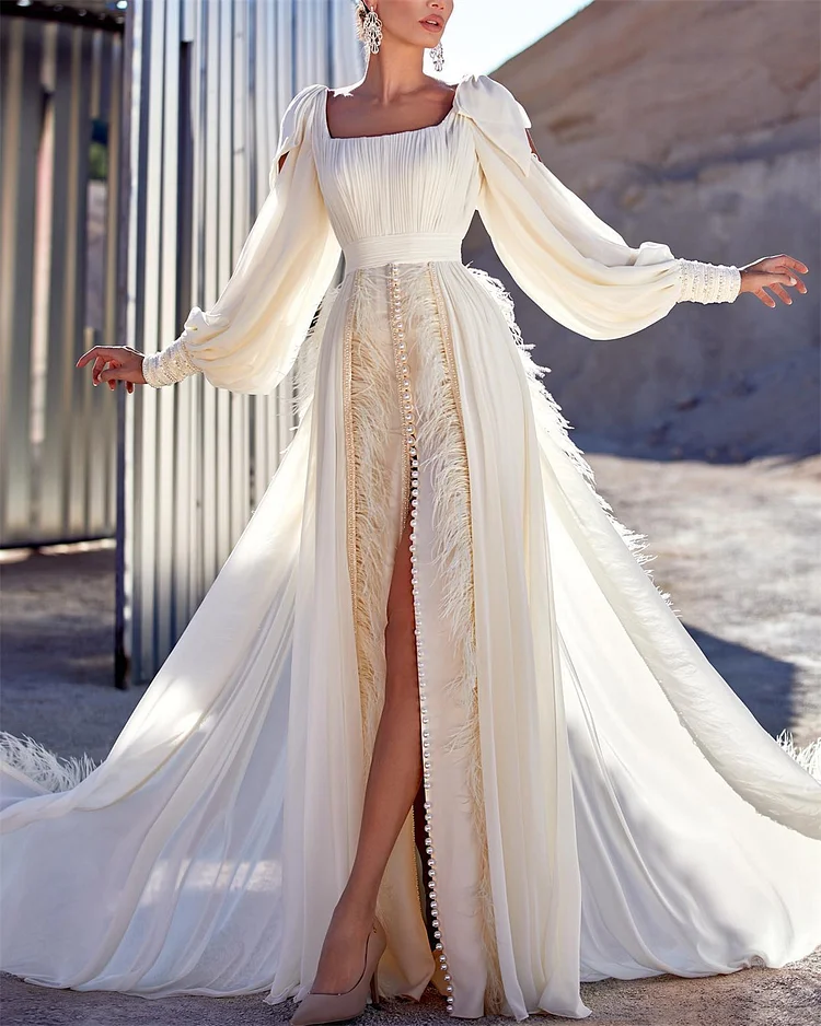 Women's White Long Sleeve Slit Feather Dress - 01