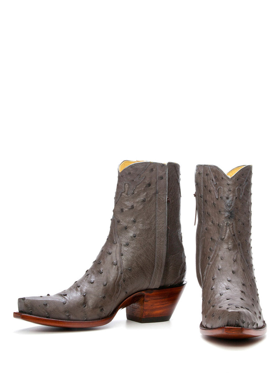 Grey Ostrich Embossed Stitched Snip Toe Chunky Heel Ankle Boots