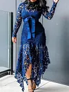 Stylish Irregularity Hollow Split-Joint Lace Bandage Long Sleeves Midi Dress