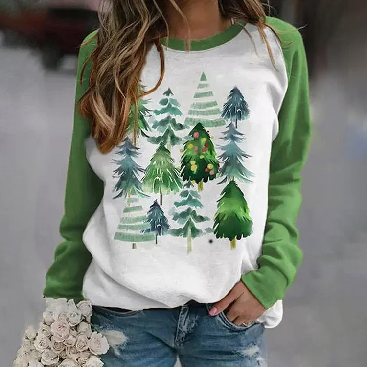 Wearshes Christmas Tree Print Panel Crew Neck Casual Sweatshirt