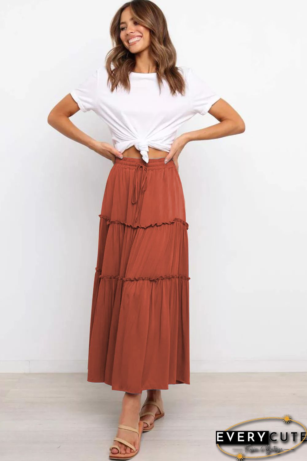Orange High Waist A-line Drawstring Maxi Skirt
