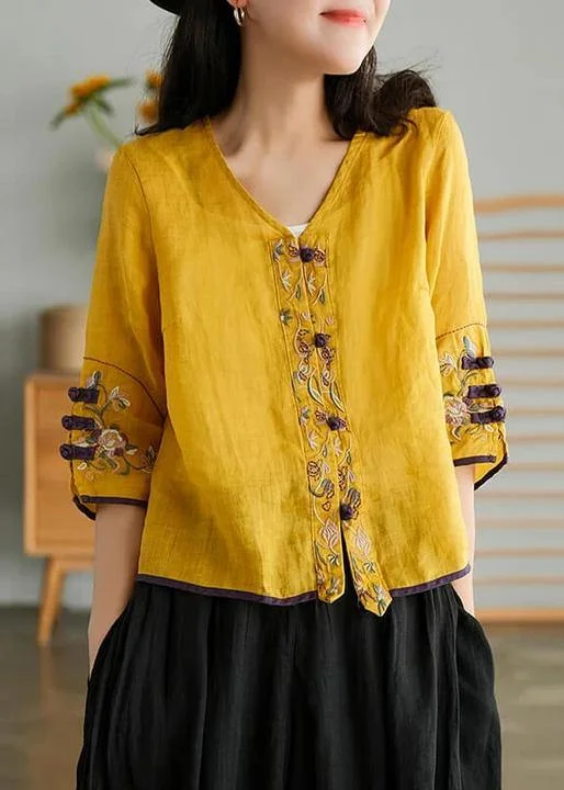 Women Yellow Casual Ramie Cardigan Embroidered Shirt