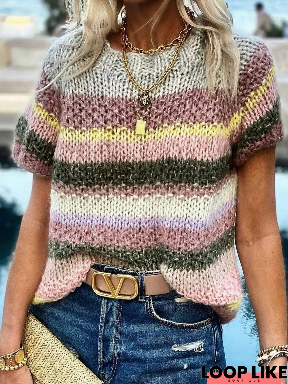 Short Sleeve Cotton-Blend Boho Sweater