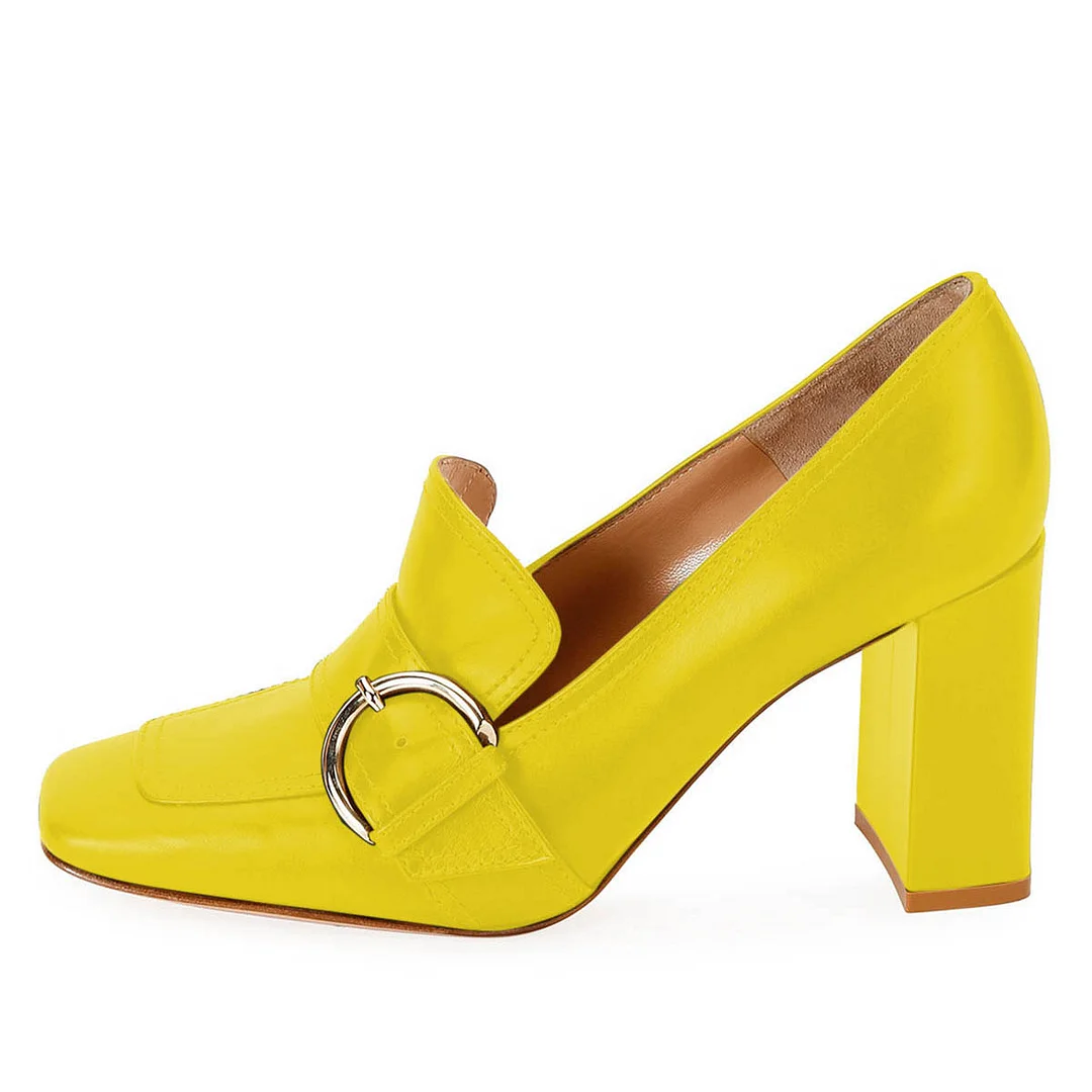 Vegan Leather Square Toe Buckle Chunky Heel Women's Loafers in Yellow