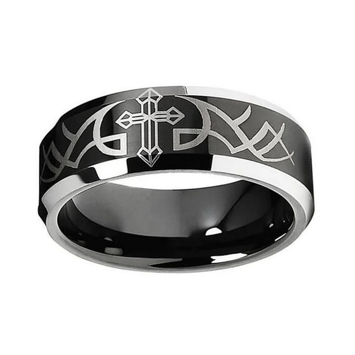 6MM 8MM Black Cross Tungsten Mens Rings Silver Laser Pattern Polished Finished