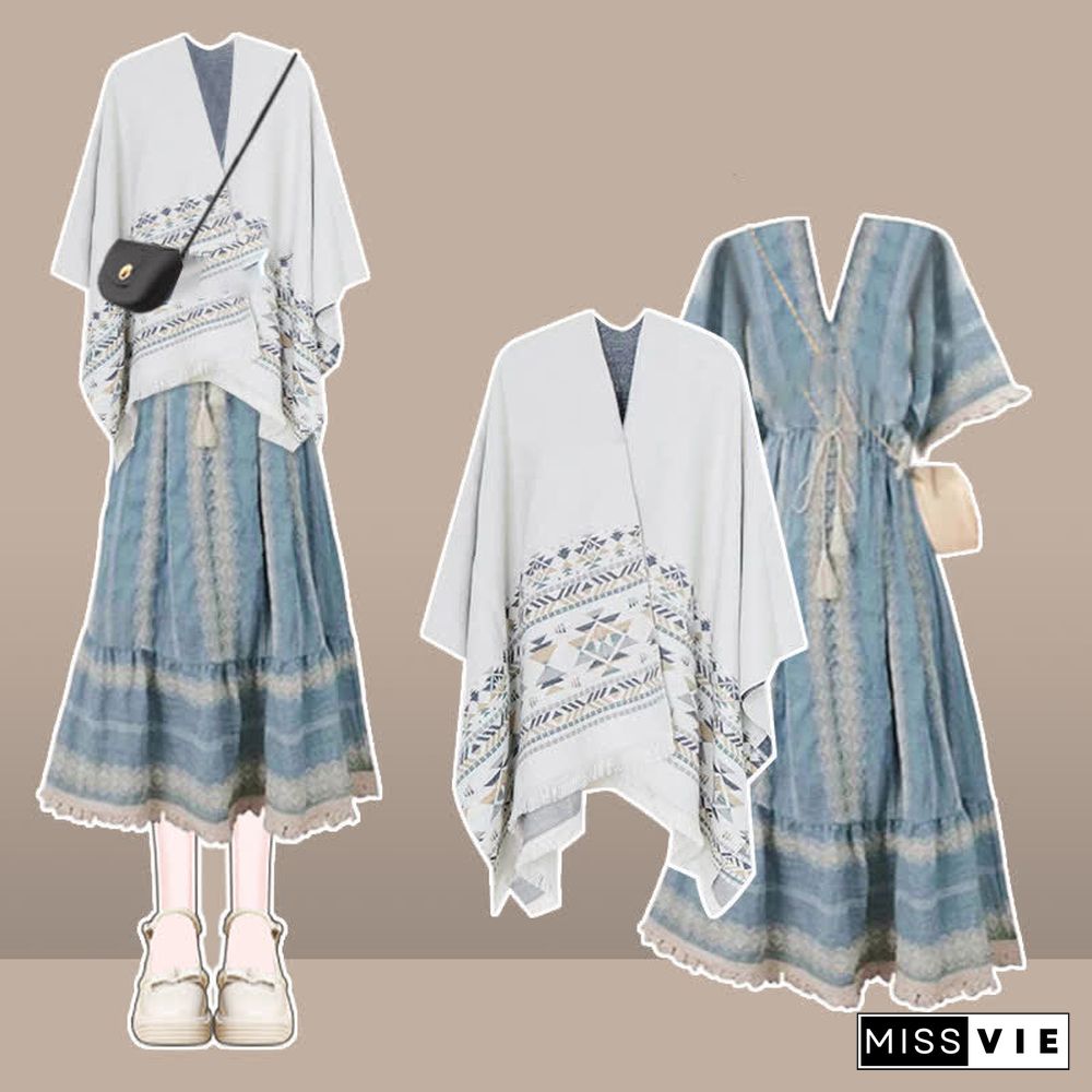 Boho Vintage Print Colorblock Shawl Wrap V-neck Lace Up Dress