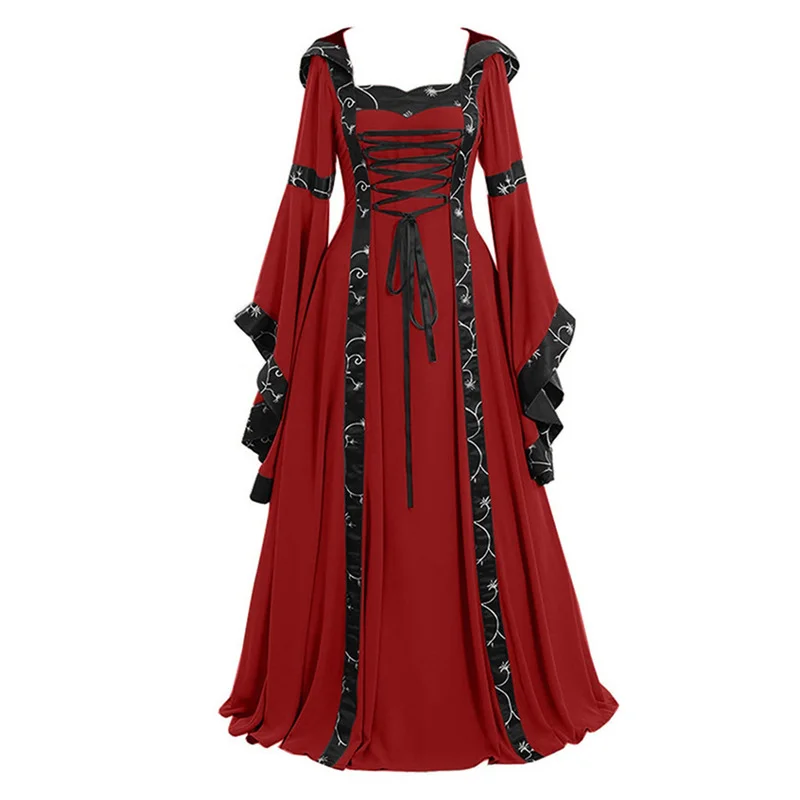 Halloween Costume Medieval Retro Hooded Dresses Square Neck Flared Sleeves Swing  Lace up Irish Over Rengency Gown Novameme