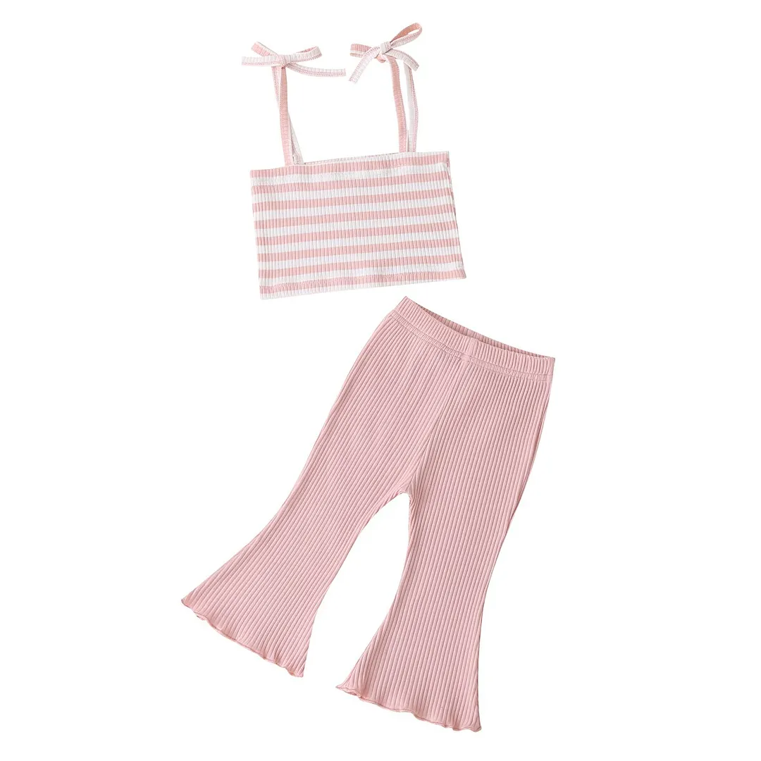 Toddler Baby Stripe Ribbed Two-pieces Set Infant Girls Square Collar Sleeveless Sling Vest Tops + Elastic Flare Long Pants Set