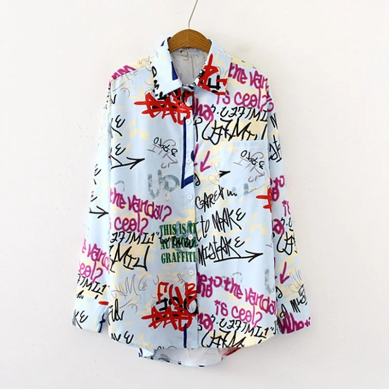 Graffiti Print Blouse Women Autumn Turn-down Collar Long Sleeve Plus Size Office Elegant Ladies Shirts Casual Tops And Blouses