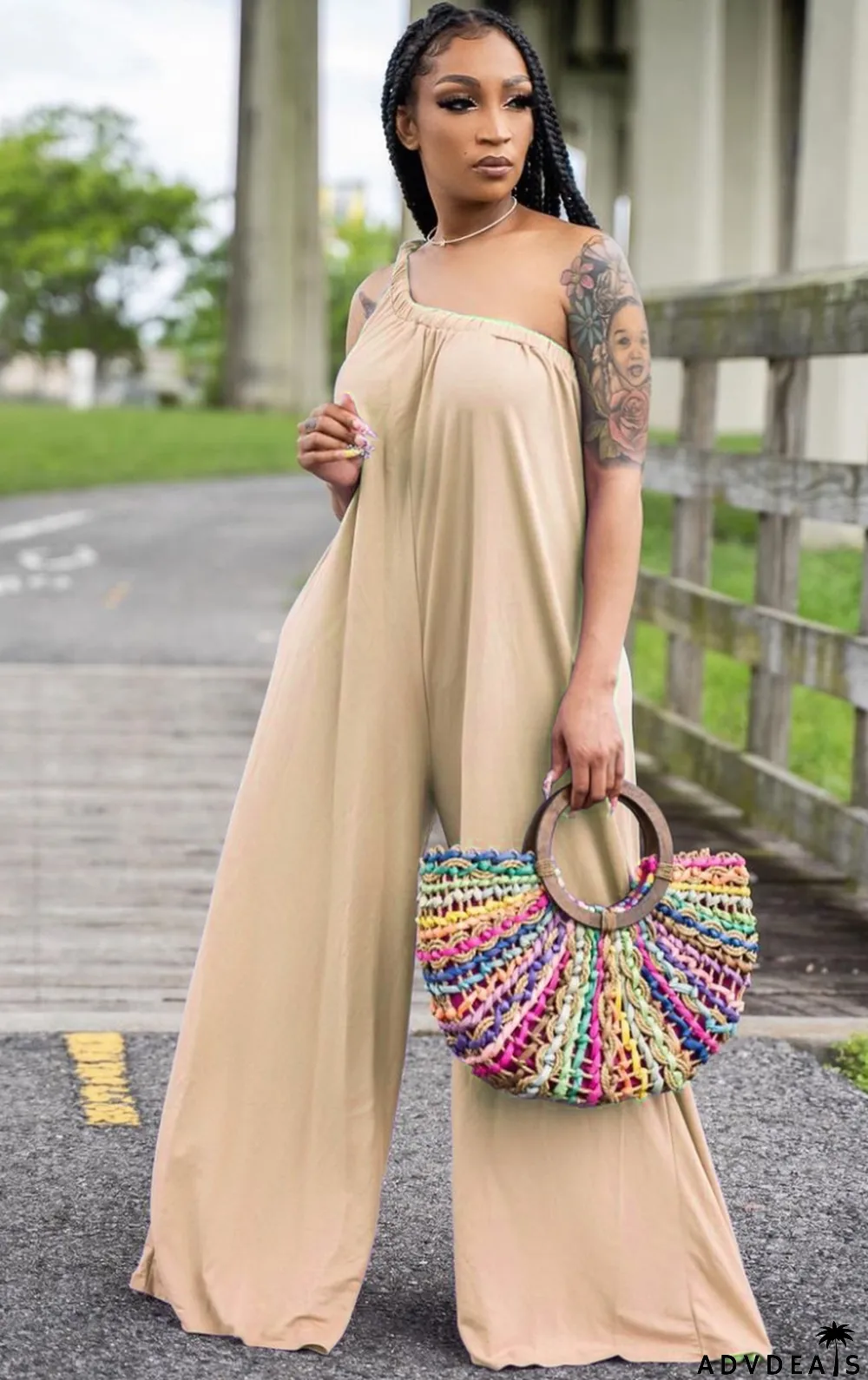 Summer Casual Khaki One Shoulder Wide Jumpsuit