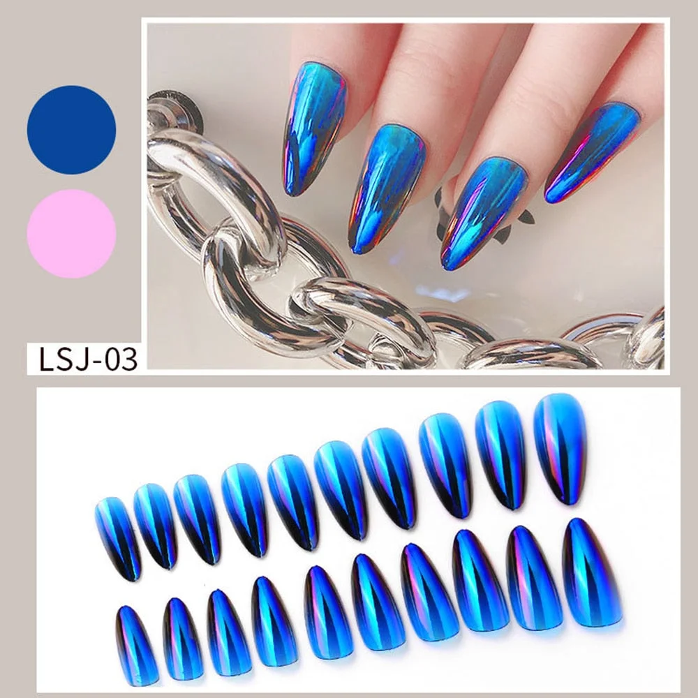 24pcs Gradient Aurora Mirror Design False Nails Long Stiletto Press on Nails Wearable Full Cover Fake Nail Detachable Nail Tips-Nail Inspo