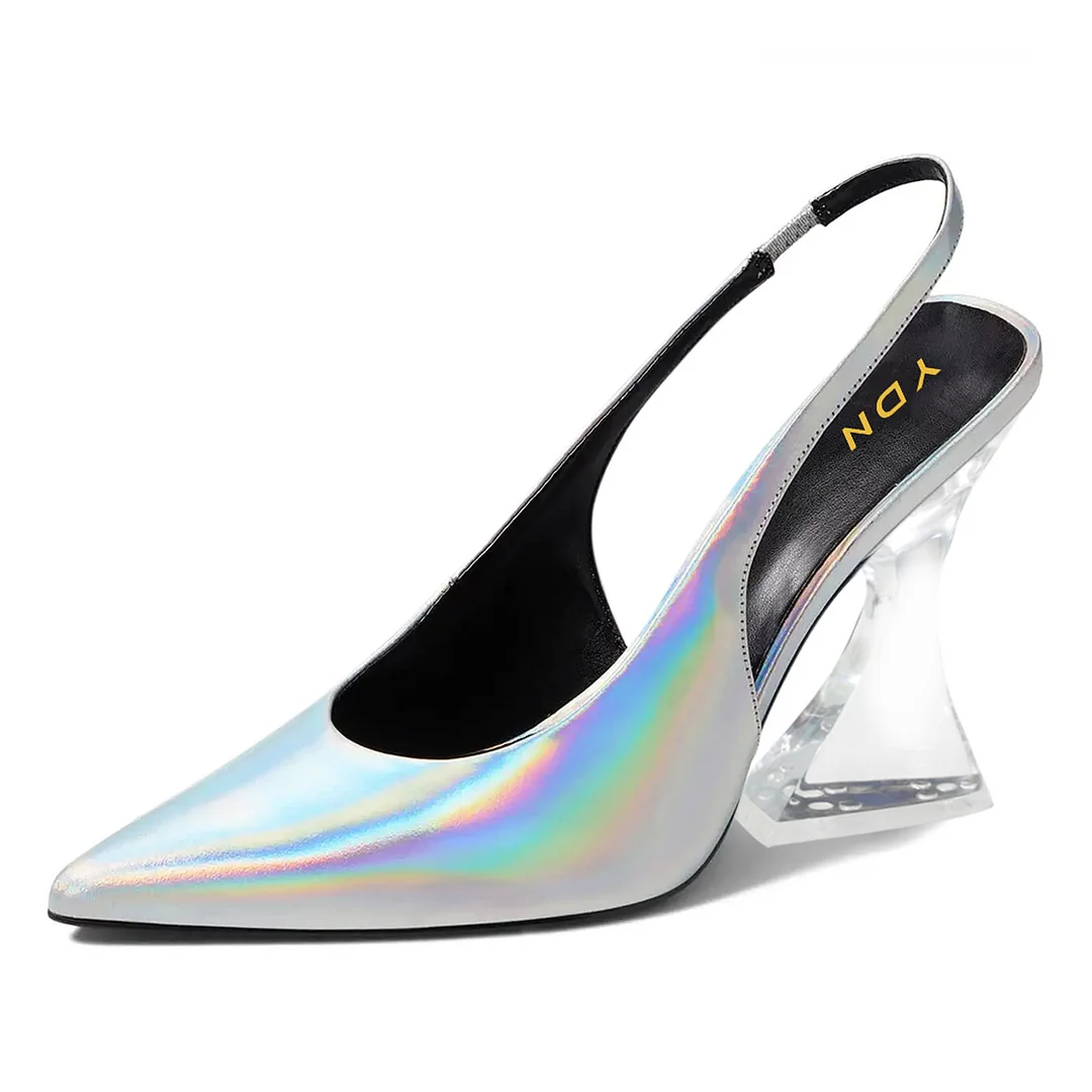 Women's Silver Holographic Flared Heel Pointed Toe Slingback Pumps