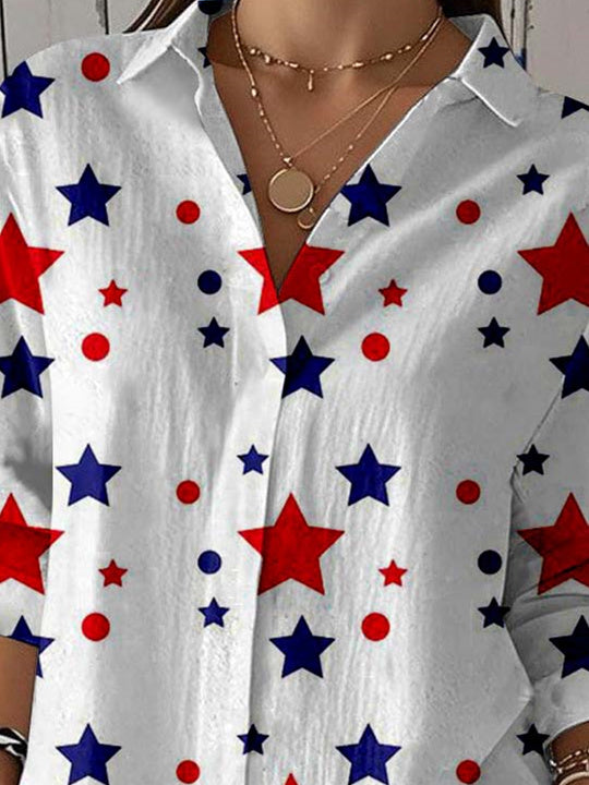 Women 3/4 Sleeve Shirt Collar National Flag Striped Printed Graphic Button Tops