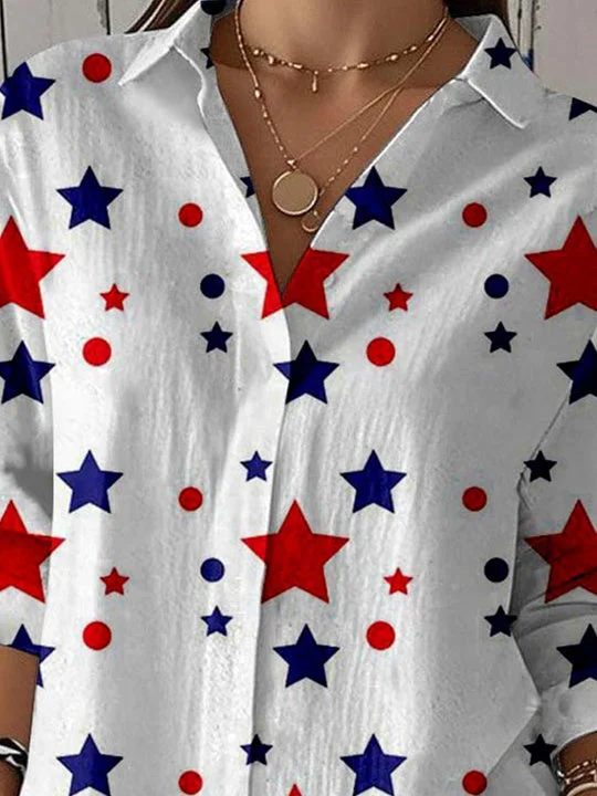 Women 3/4 Sleeve Shirt Collar National Flag Striped Printed Graphic Button Tops