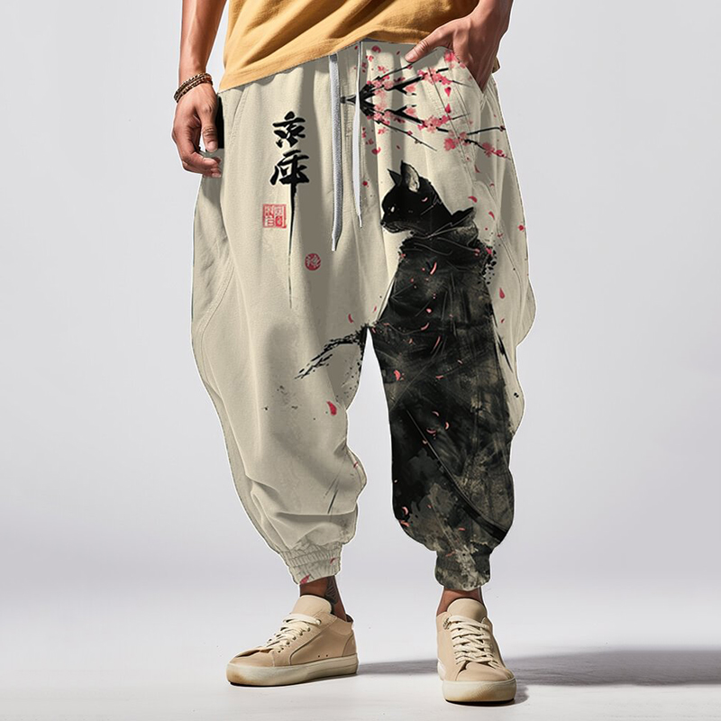 Comstylish Vintage Japanese Black Robe Cat Ink Japanese Art Print Pattern Casual Loose Drawstring Waist Sweatpants