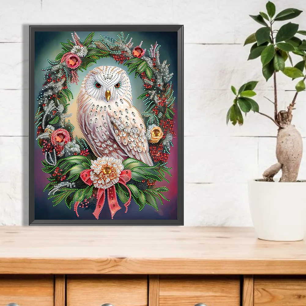Diamond Painting - Partial Special Shaped Drill - Xmas Owl Wreath(Canvas|30*40cm)