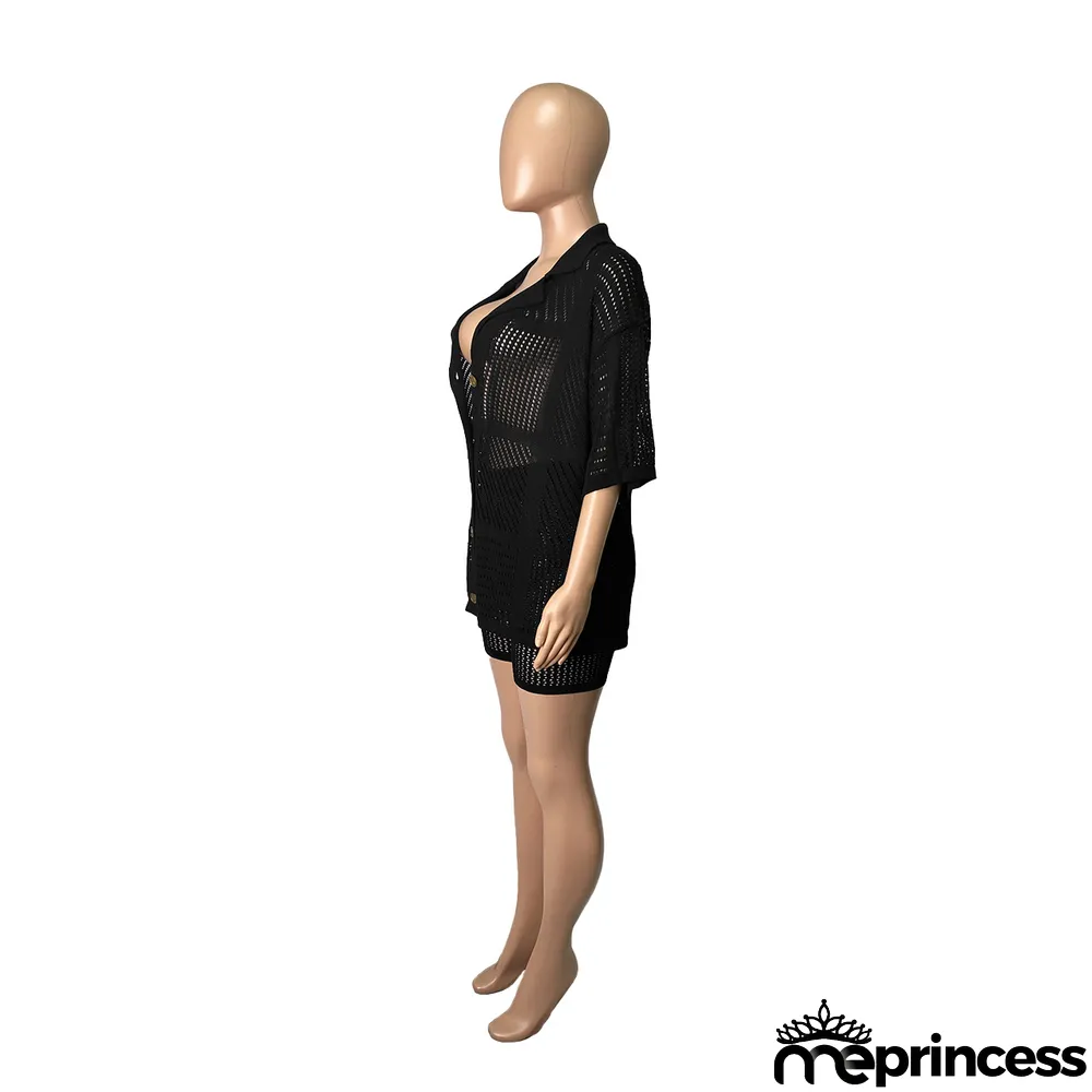 Spring Fashion Cardigan Knit Shorts Two Piece Set