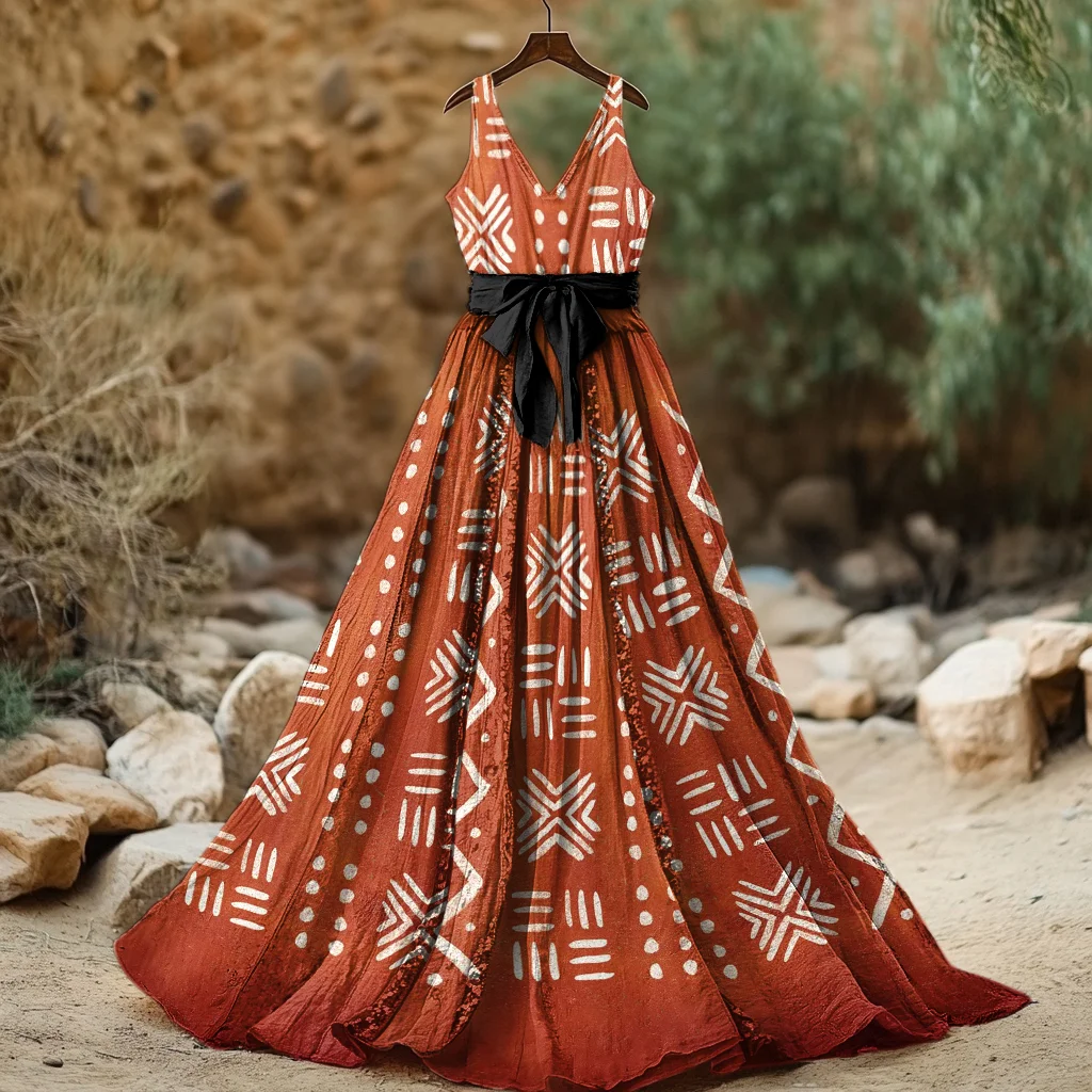 Women's Vintage Juneteenth Geometric Art Print Maxi Dress