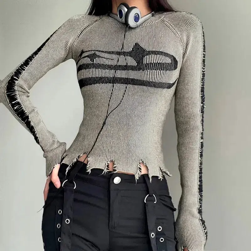 Brownm Long Sleeve Distressed Top